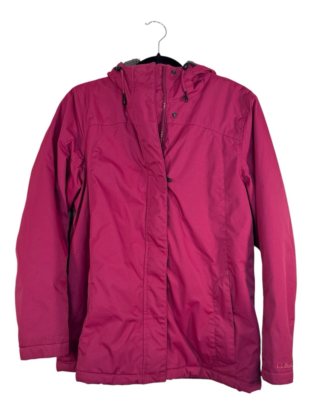 LL Bean Pink Fleece Lined Hooded Rain Jacket Womens M Classic Fall Coat